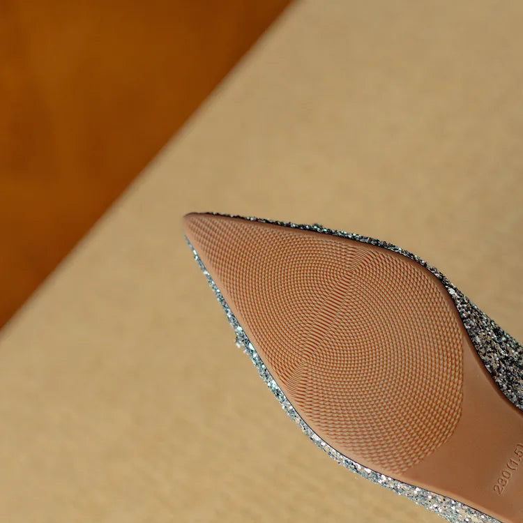 Glitter Block Heel Pumps Pointed Toe Crystal Buckle