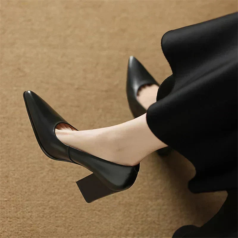 Block Heel Pumps Pointed Toe Slip On Work Heels
