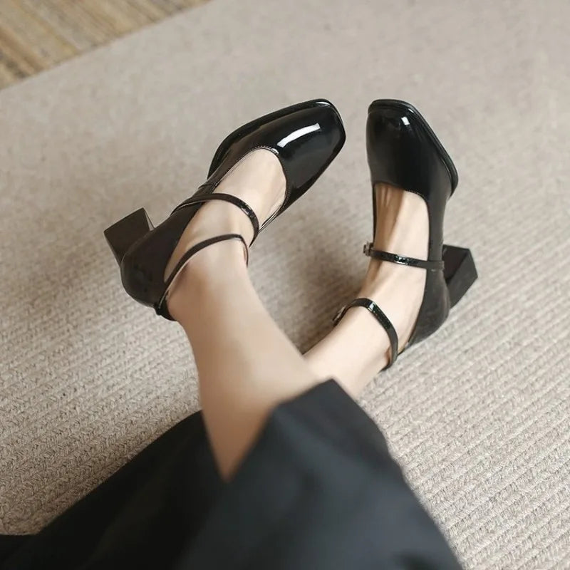 Ankle Strap Block Heel Pumps Square Toe Mary Jane