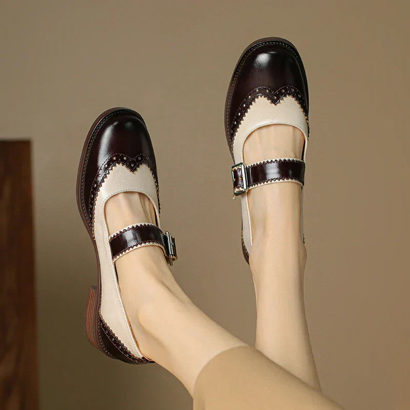 Two-Tone Leather Mary Jane Shoes Brogue T-Strap