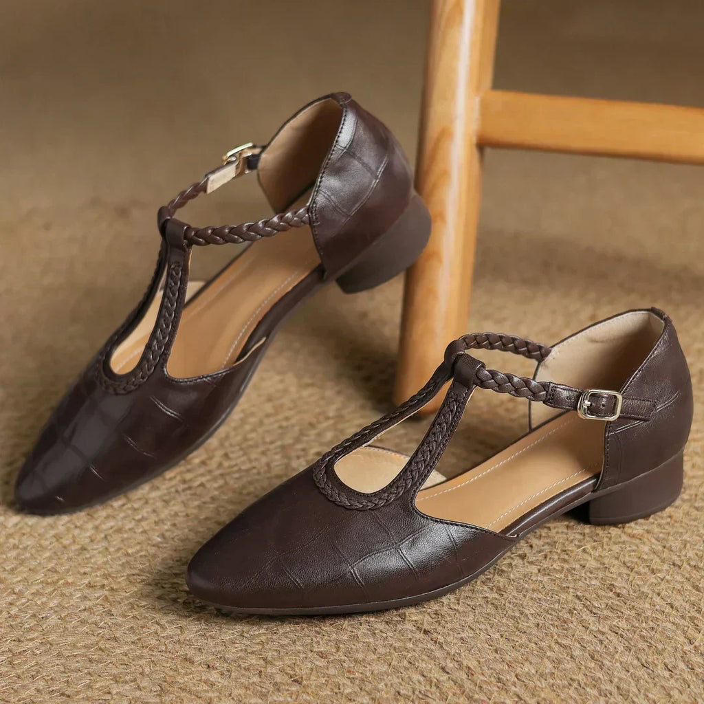 Leather T-Strap Mary Jane Flats Pointed Toe Flat