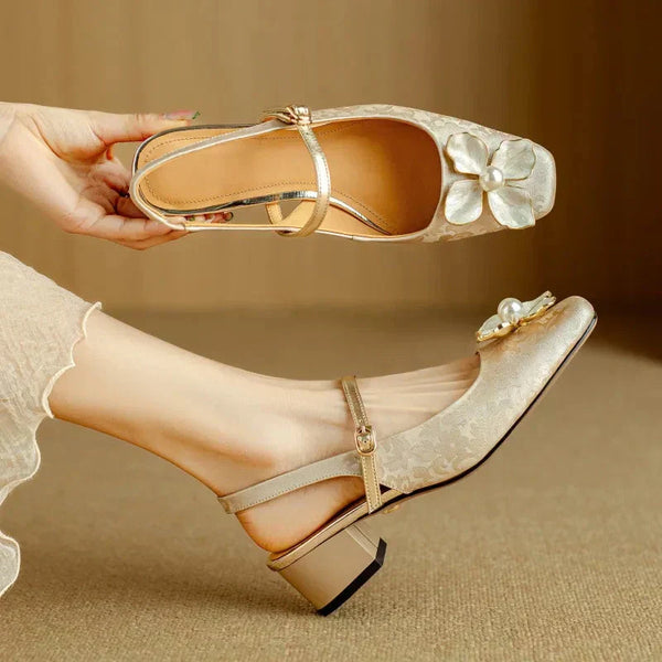 Floral Mary Jane Pumps Block Heel Jacquard Strap