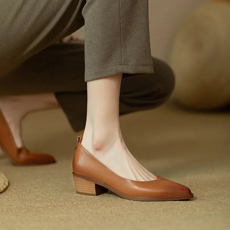 Block Heel Pumps Pointed Toe Slip On Work Shoes