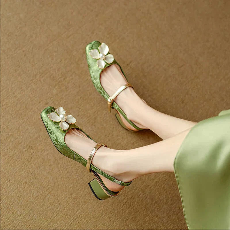 Floral Slingback Pumps Square Toe Block Heel Shoes