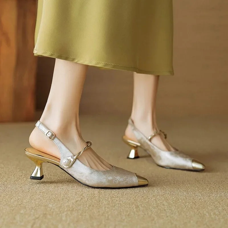 Pearl Strap Slingback Kitten Heels Pointed Toe Pumps