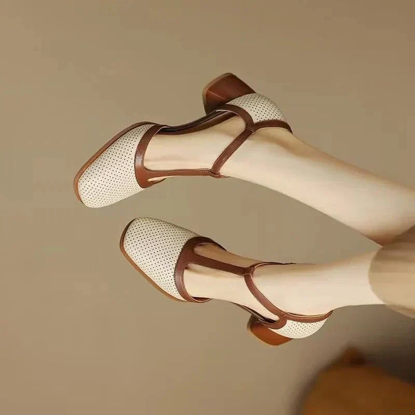 T-Strap Block Heel Shoes Square Toe Mid Heel Pumps