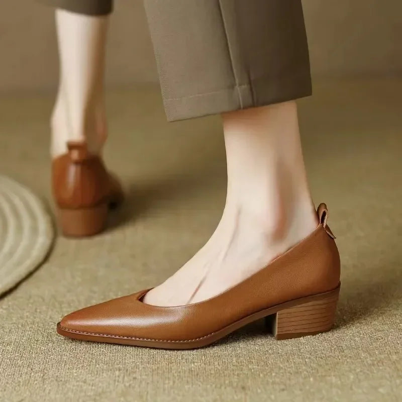 Block Heel Pumps Pointed Toe Slip On Work Shoes