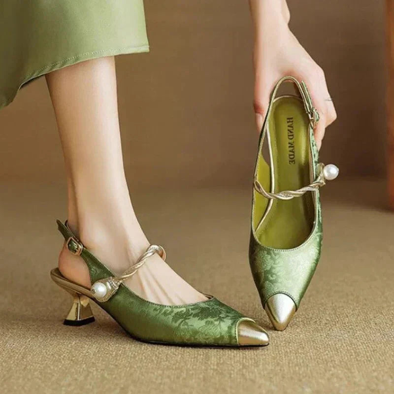 Pearl Strap Slingback Kitten Heels Pointed Toe Pumps