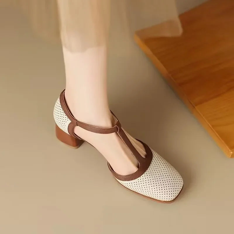 T-Strap Block Heel Shoes Square Toe Mid Heel Pumps