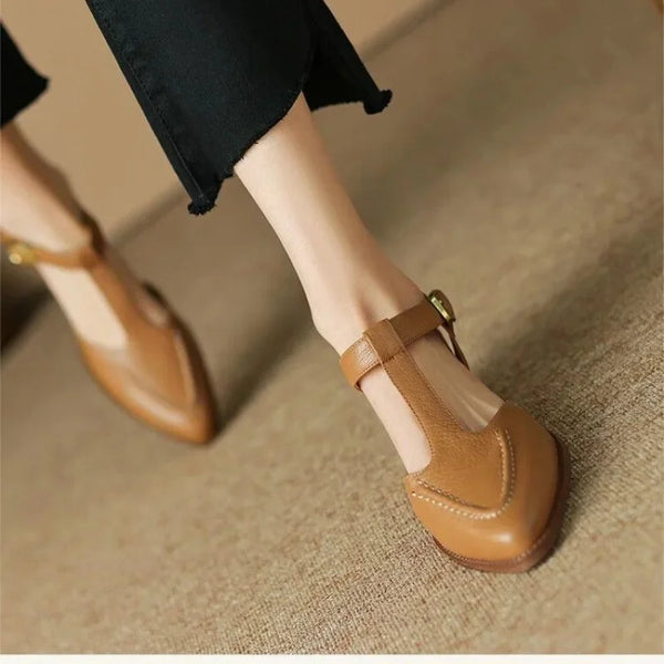 T-Strap Buckle Shoes Pointed Toe Low Heel Flats