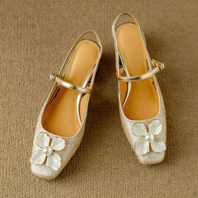 Floral Mary Jane Pumps Block Heel Jacquard Strap