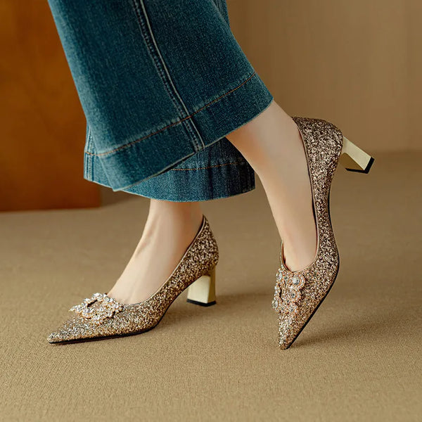 Glitter Block Heel Pumps Pointed Toe Crystal Buckle