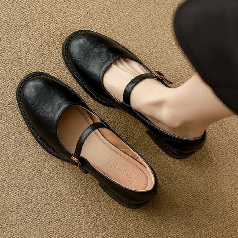 Leather Mary Jane Shoes Low Block Heel Strap