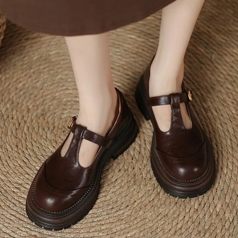 T-Bar Mary Jane Shoes Round Toe Brogue Low Heel