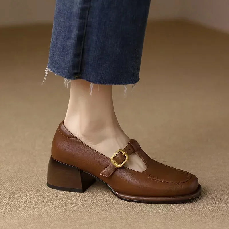 T-Strap Mary Jane Shoes Square Toe Low Block Heel