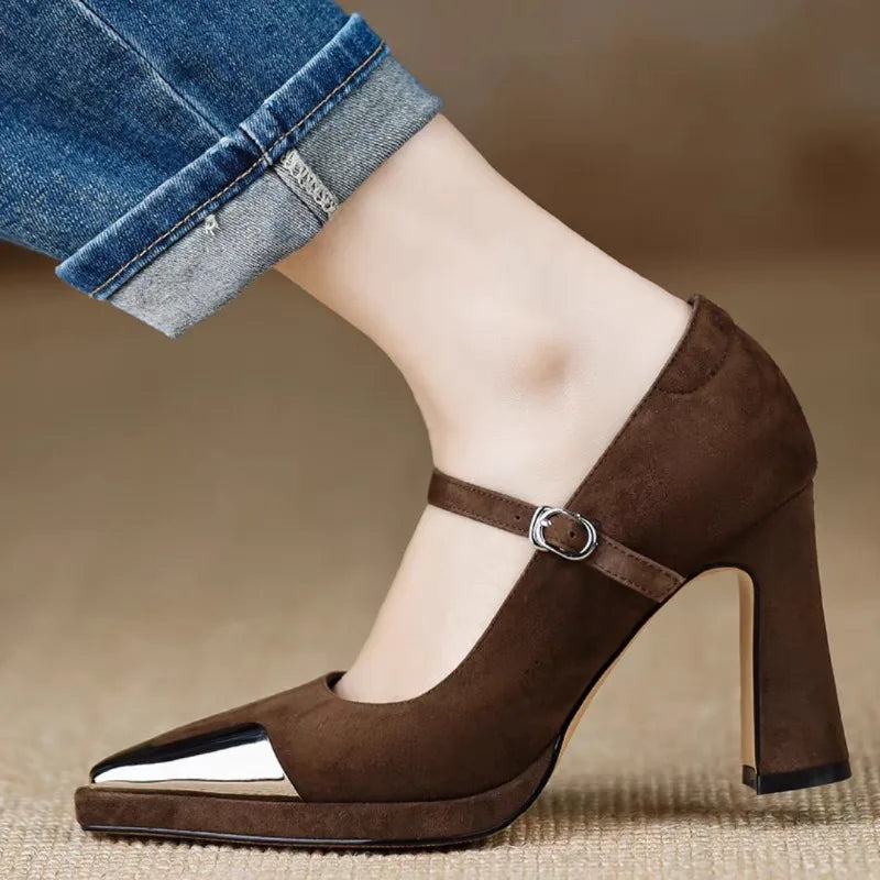 Mary Jane High Heel Pumps Cap Toe Block Heel Strap
