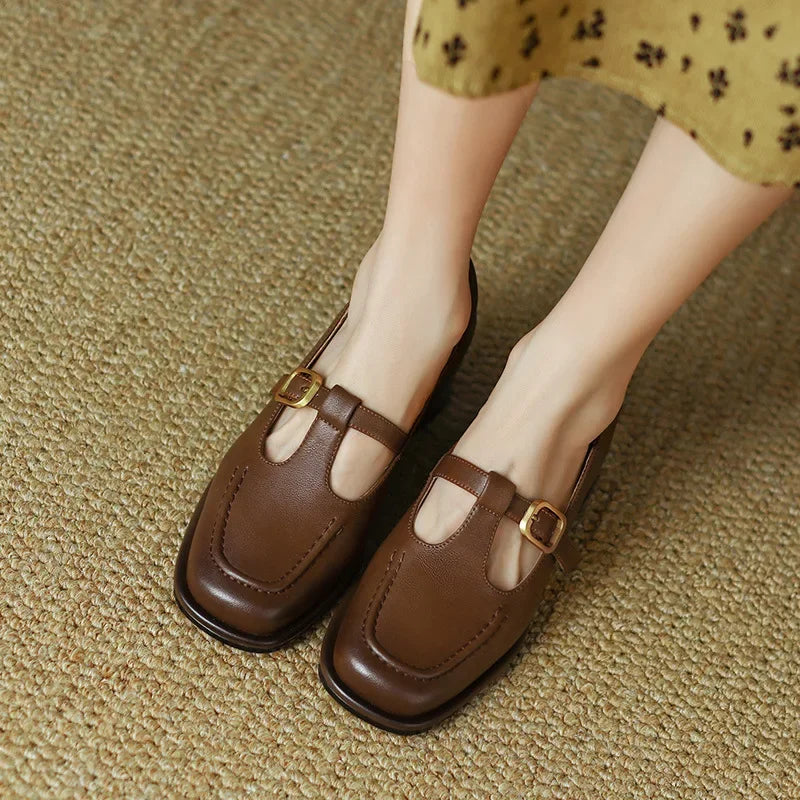 T-Strap Mary Jane Shoes Square Toe Low Block Heel