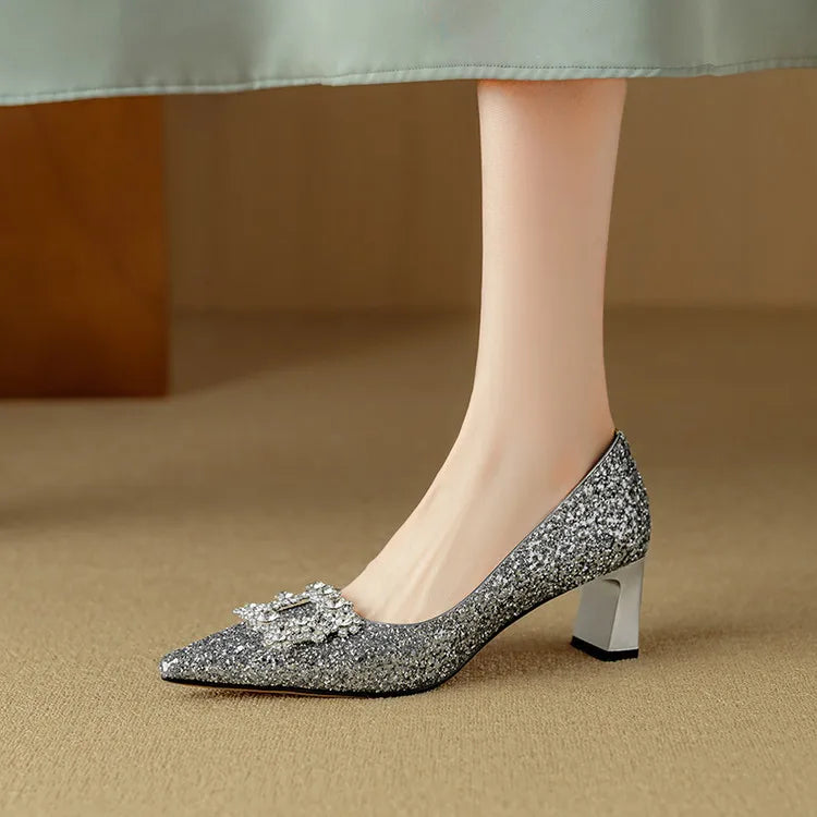 Glitter Block Heel Pumps Pointed Toe Crystal Buckle