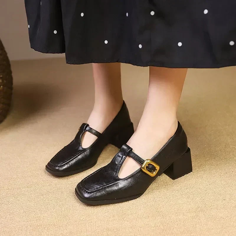 Square Toe Mary Jane Heels Block Heel Gold Buckle