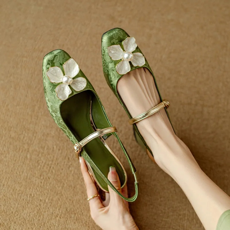Floral Mary Jane Pumps Block Heel Jacquard Strap