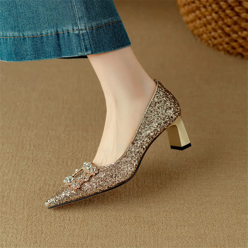Glitter Block Heel Pumps Pointed Toe Crystal Buckle