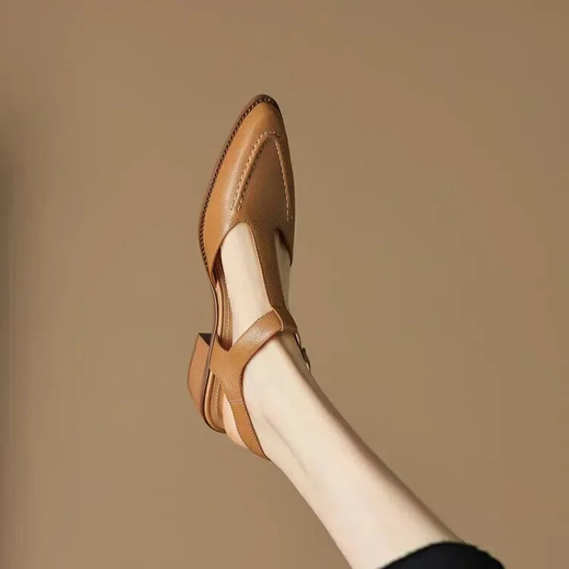 T-Strap Buckle Shoes Pointed Toe Low Heel Flats