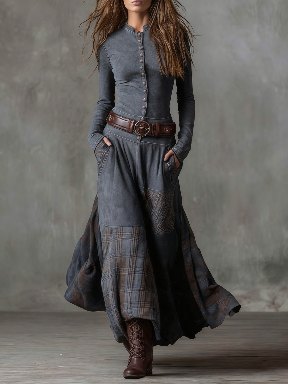 Suede Plaid Maxi Dress