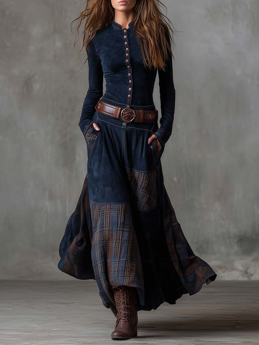 Suede Plaid Maxi Dress