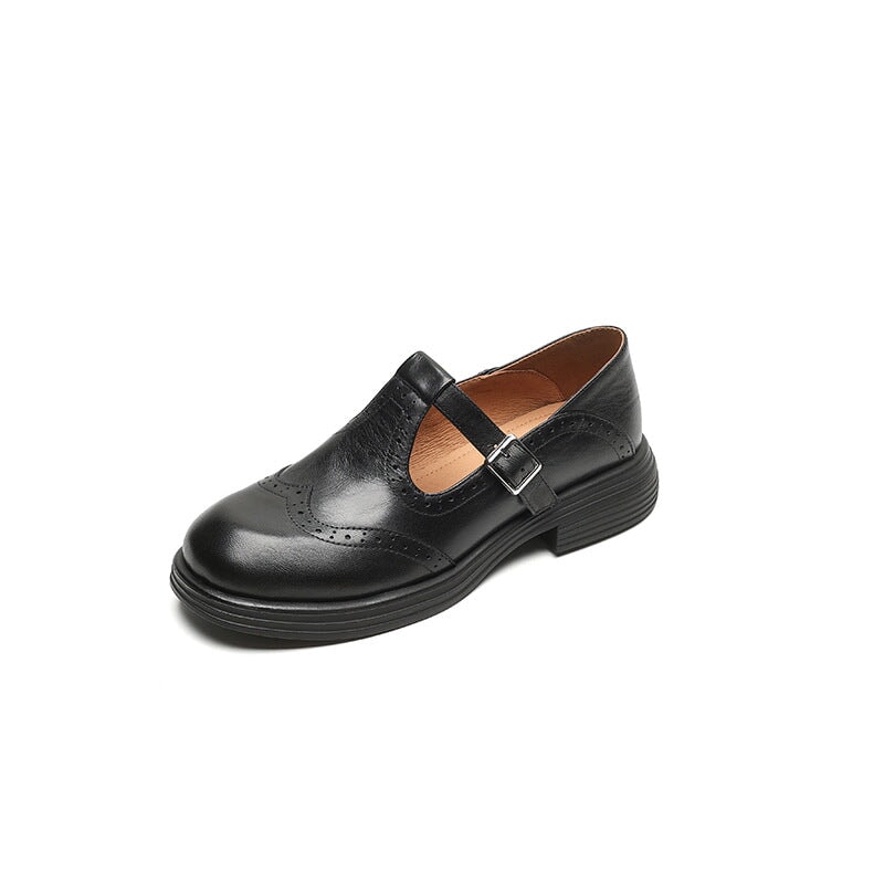Leather T-Strap Mary Jane Shoes Brogue Block Heel