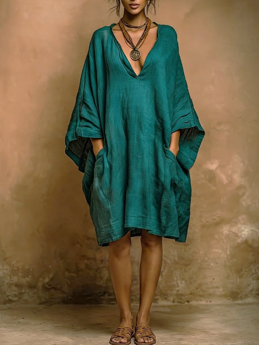 Loose Fit V Neck Midi Dress