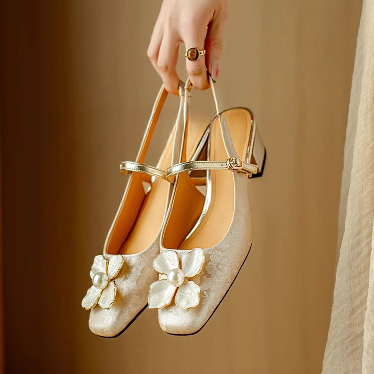 Floral Mary Jane Pumps Block Heel Jacquard Strap