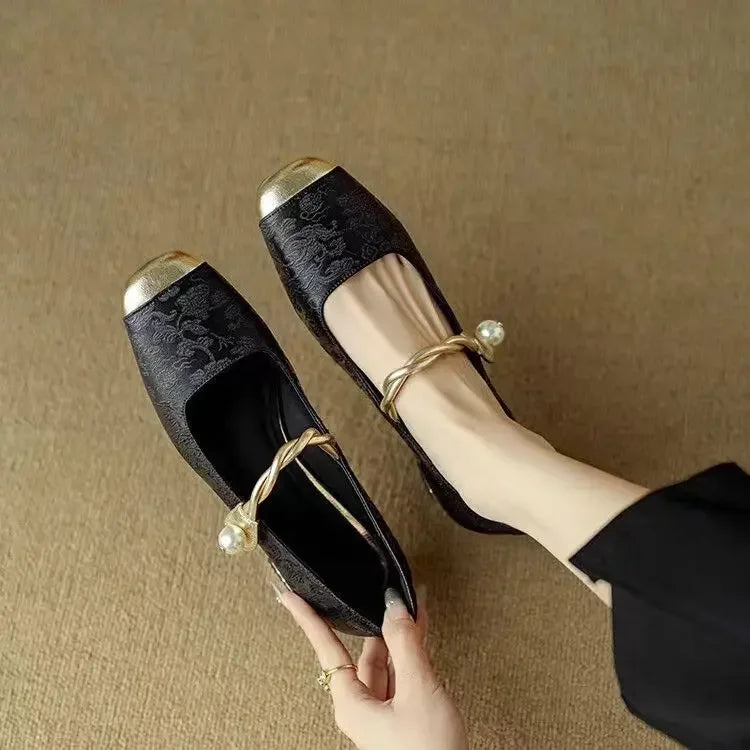 Pearl Strap Mary Jane Shoes Glitter Block Heel