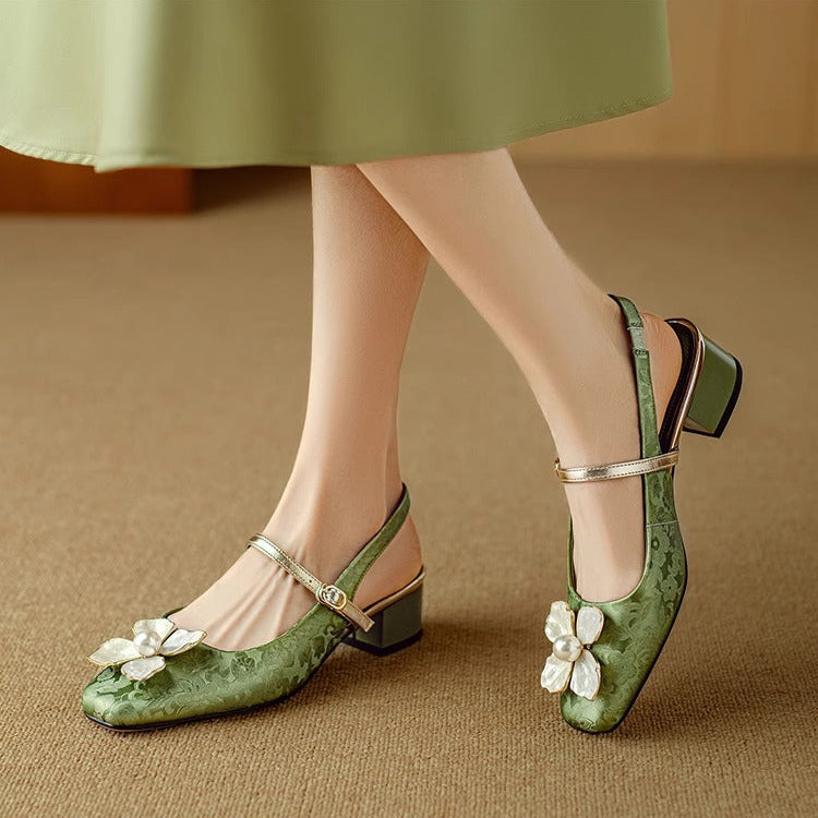 Floral Slingback Pumps Square Toe Block Heel Shoes