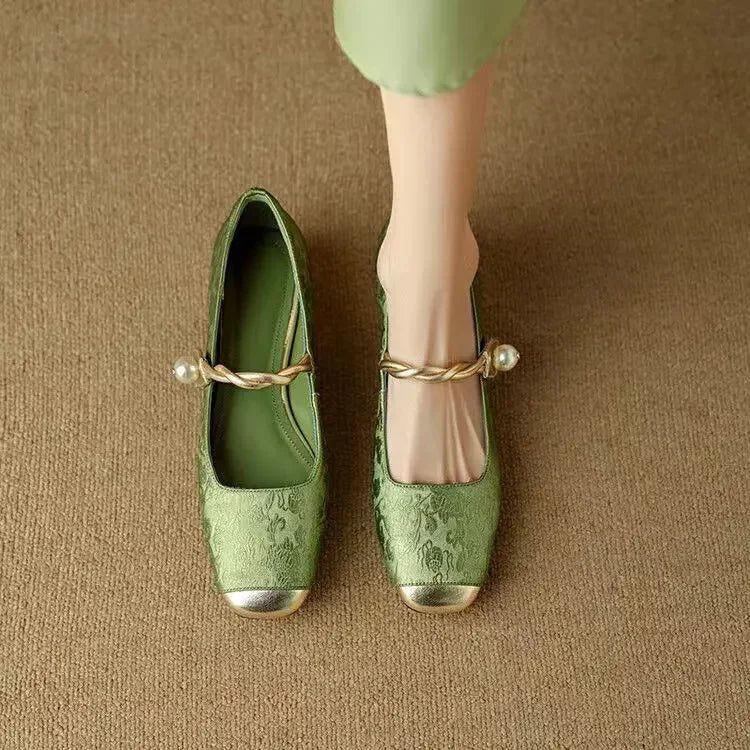 Pearl Strap Mary Jane Shoes Glitter Block Heel