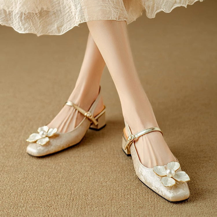Floral Mary Jane Pumps Block Heel Jacquard Strap