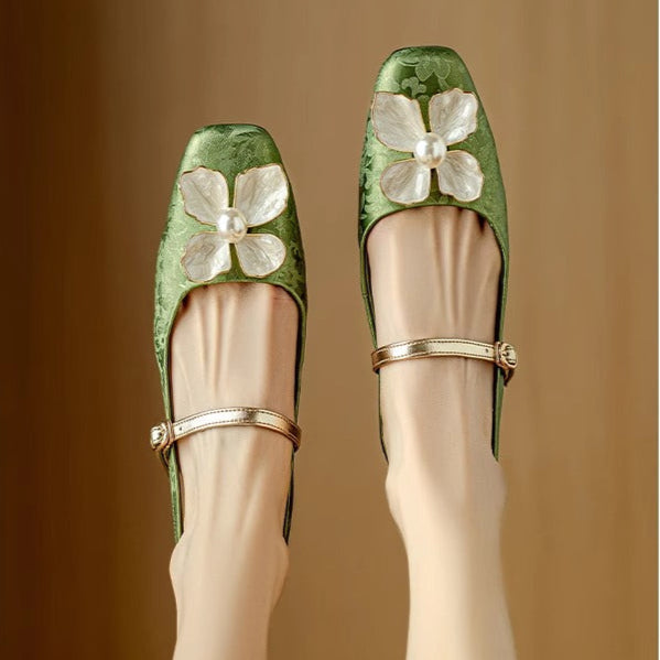 Floral Slingback Pumps Square Toe Block Heel Shoes
