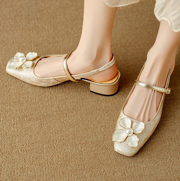 Floral Mary Jane Pumps Block Heel Jacquard Strap