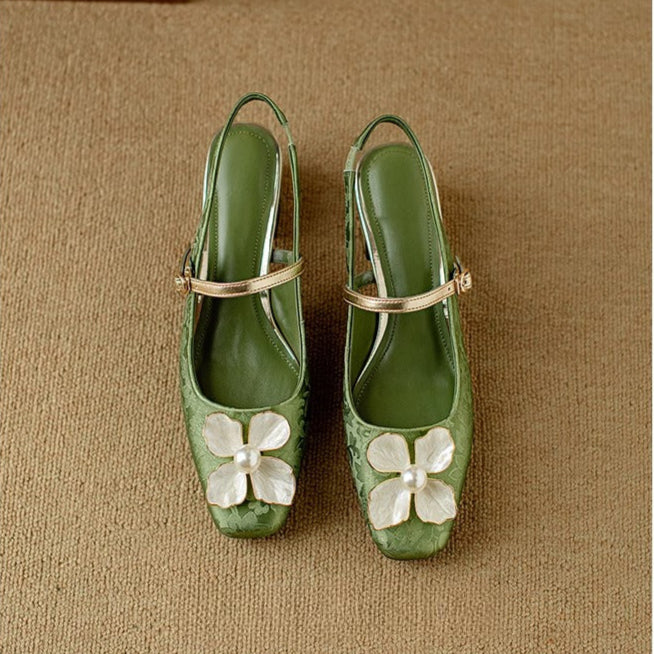Floral Mary Jane Pumps Block Heel Jacquard Strap