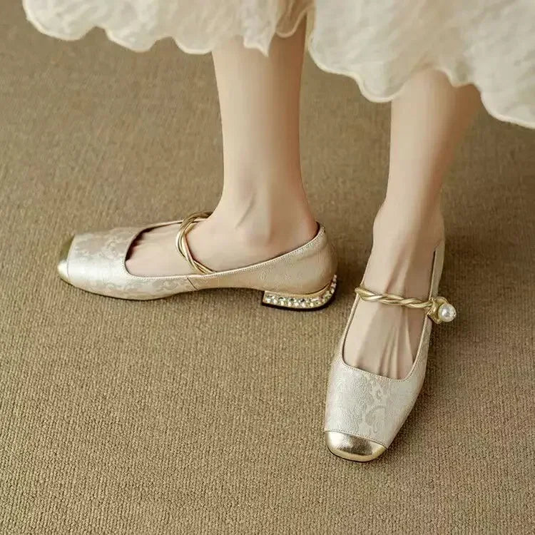 Pearl Strap Mary Jane Shoes Glitter Block Heel