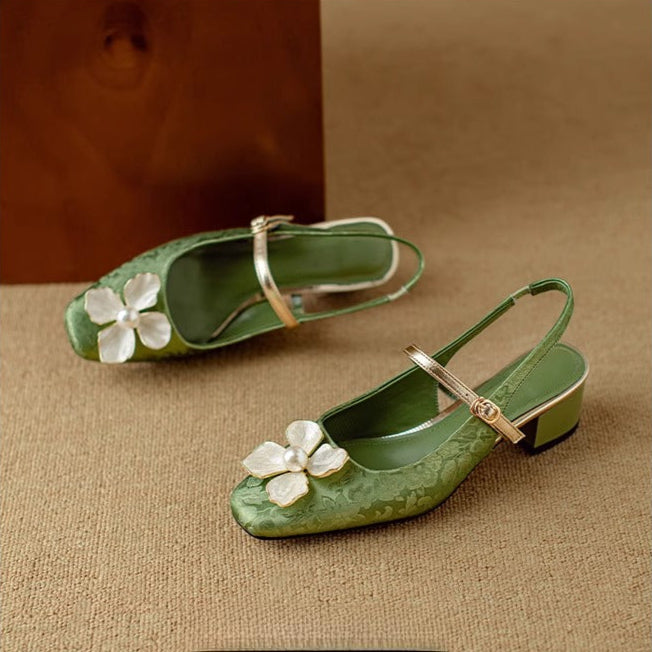 Floral Slingback Pumps Square Toe Block Heel Shoes