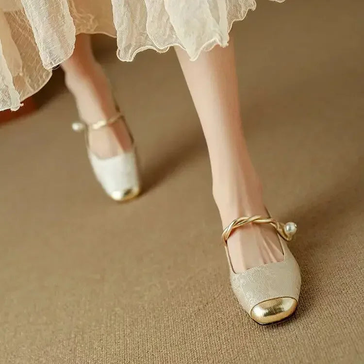 Pearl Strap Mary Jane Shoes Glitter Block Heel