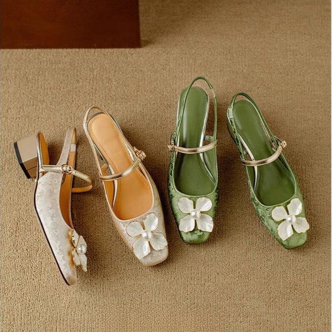 Floral Mary Jane Pumps Block Heel Jacquard Strap