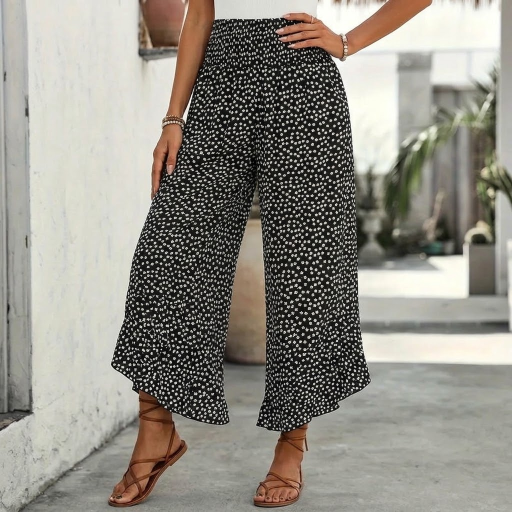 Smocked Wide-Leg Ruffle Pants