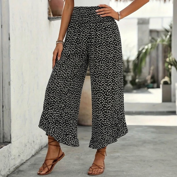 Smocked Wide-Leg Ruffle Pants