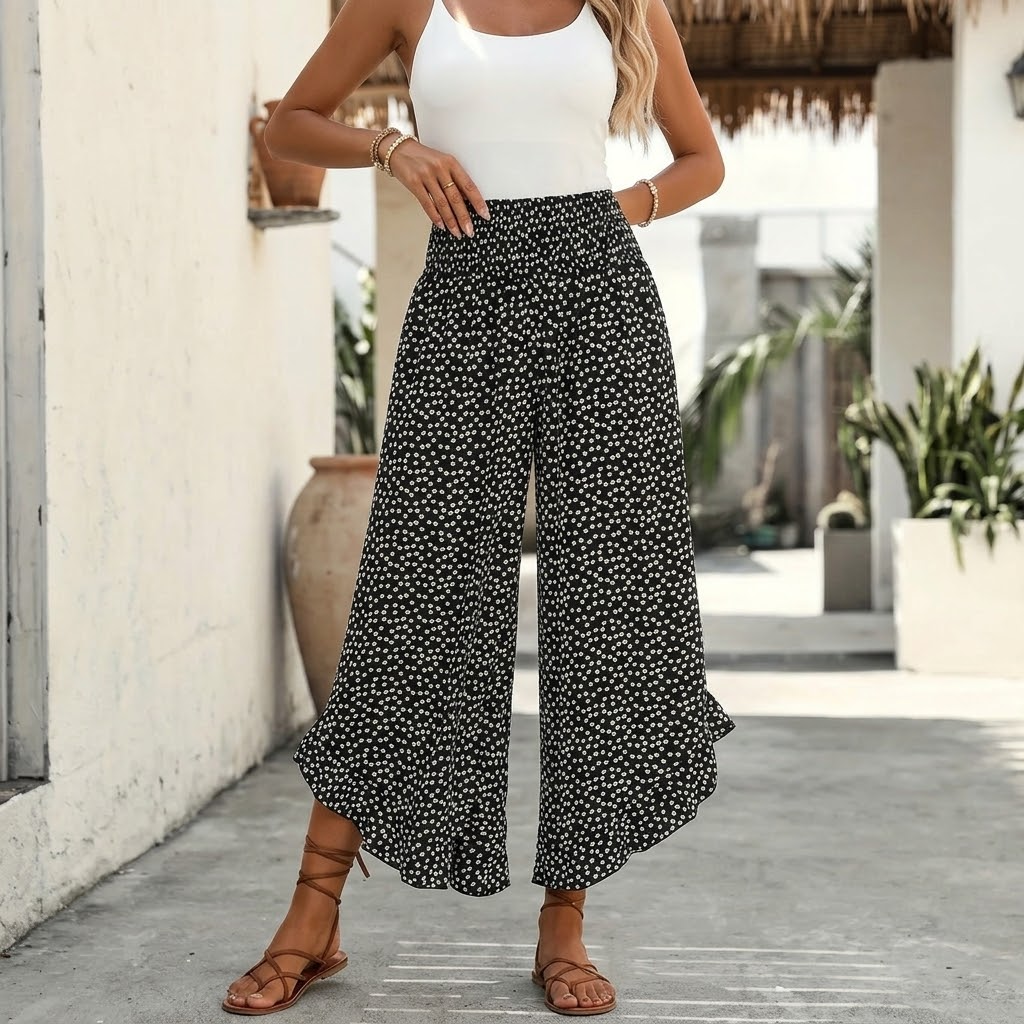 Smocked Wide-Leg Ruffle Pants