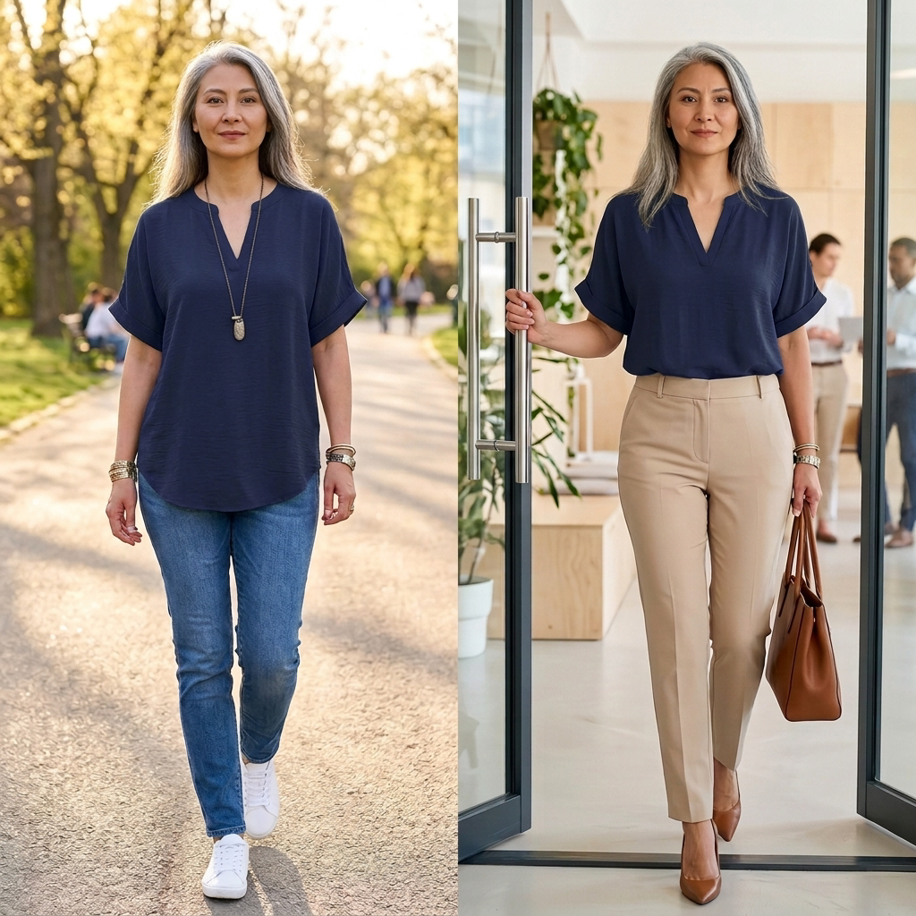 Breezy V Neck Blouse with Curved Hem