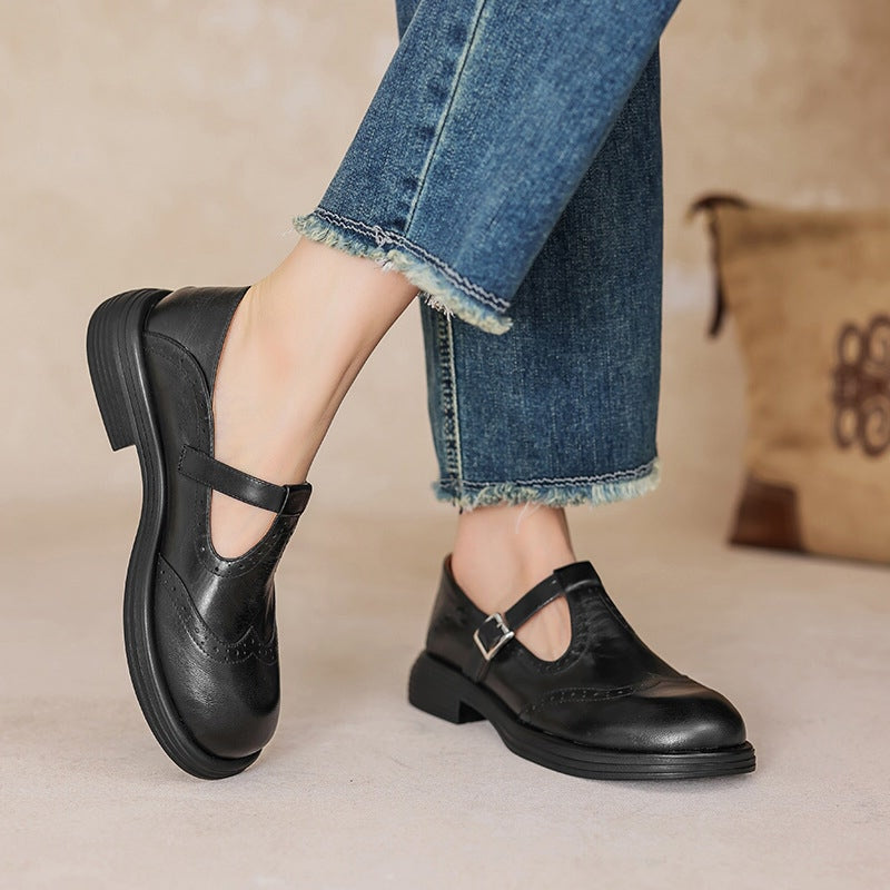 Leather T-Strap Mary Jane Shoes Brogue Block Heel