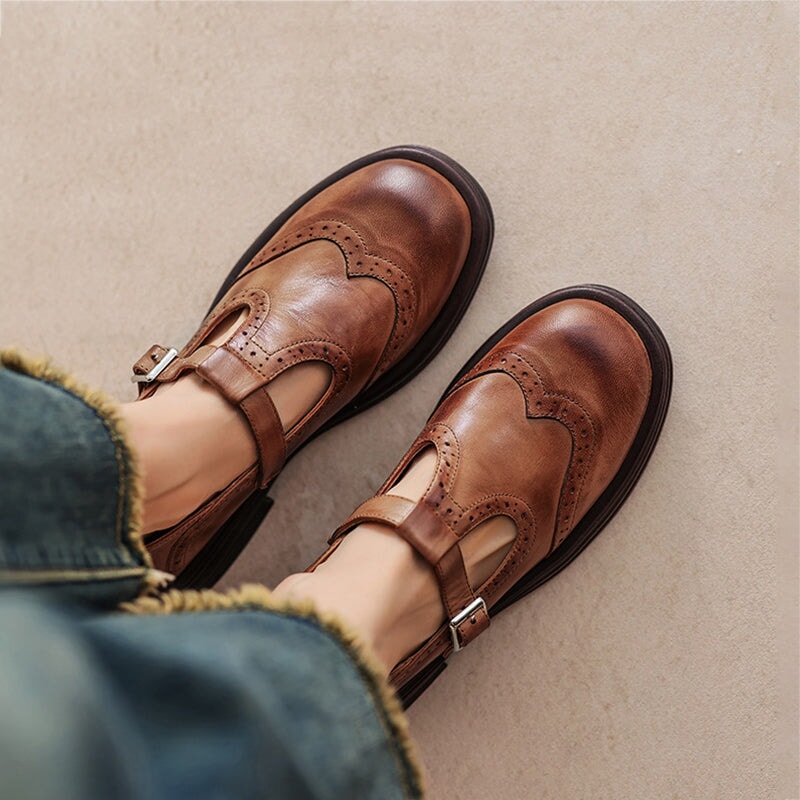 Leather T-Strap Mary Jane Shoes Brogue Block Heel