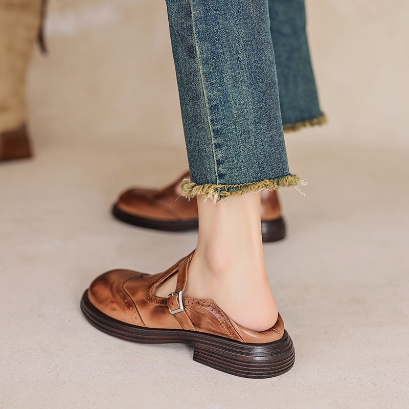 Leather T-Strap Mary Jane Shoes Brogue Block Heel