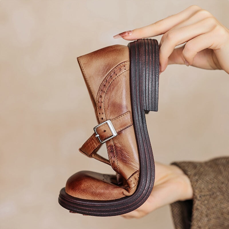 Leather T-Strap Mary Jane Shoes Brogue Block Heel
